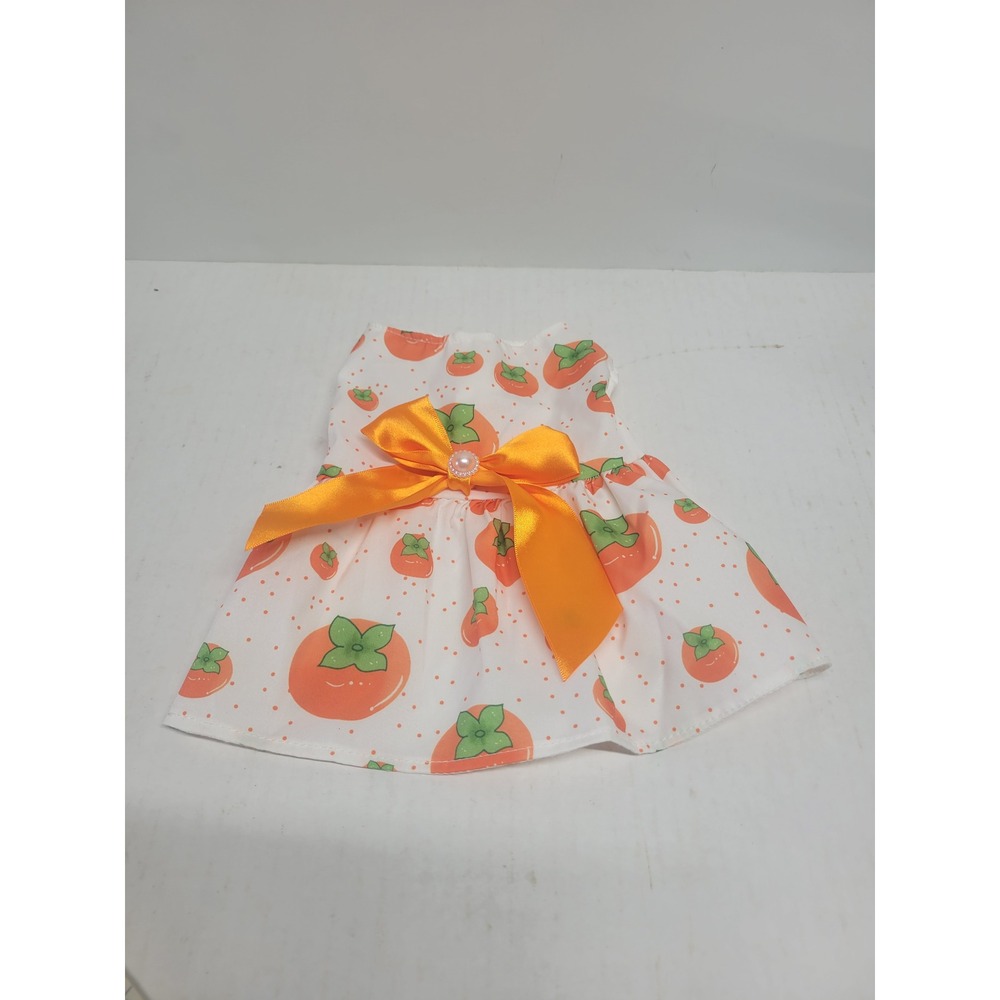 Small Pet Dress Persimmon Fruit Print Orange Satin Bow White Polka Dot Size S